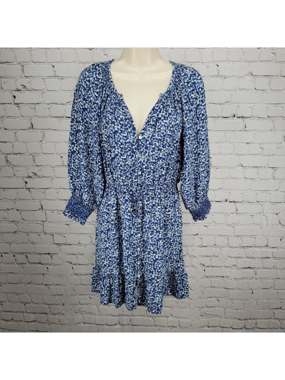 Rails Blue Floral Eliza Chrysanthemum 3/4 Sleeve Tie Waist Unlined Dress Small S